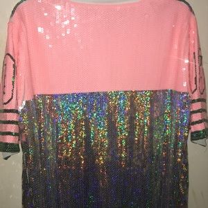 pink and green sequin jersey dress